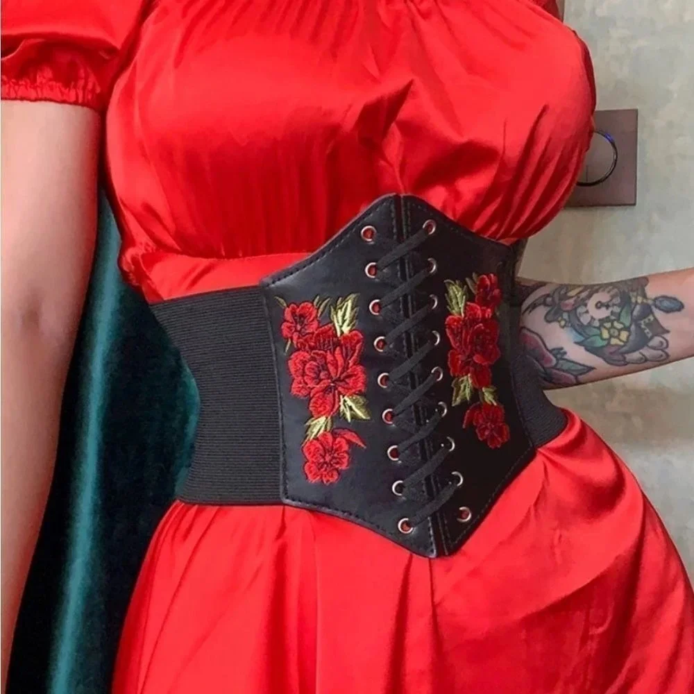 Corset Black Plus size Embroidered Wide Waist Belt Elastic cottage whimsigoth
